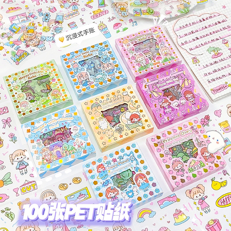 Sticker 100 tấm Hộp quà tặng 100 tấm dán hoạt hình trang trí sổ lưu niệm dễ thương, laptop, ốp điện thoại...
