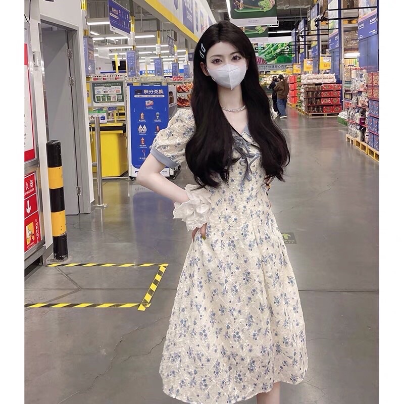 Đầm Chiffon Tay Phồng Cổ Búp Bê In Họa Tiết Hoa Phong Cách Pháp Thời Trang Mùa Hè Xinh Xắn Cho Nữ