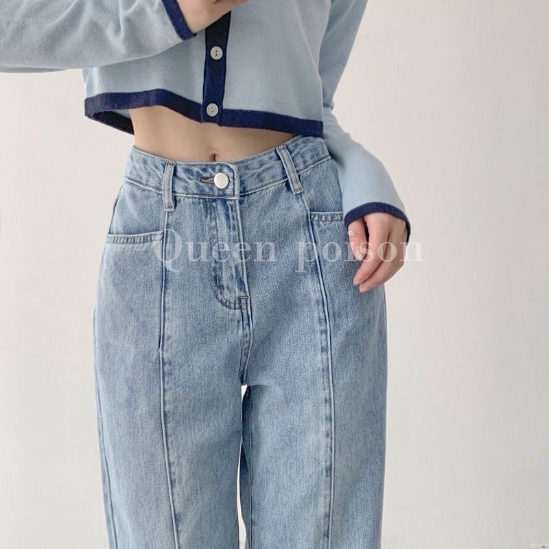 Quần Bò Gân Dọc Đứng Dáng Rộng Cạp Cao Tôn Dáng Túi Ngang Denim Jeans