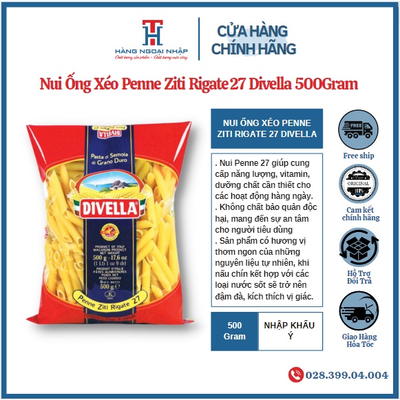 Nui Xéo Penne Ziti Rigate 27 Divella 500Gr Nhập Khẩu Ý
