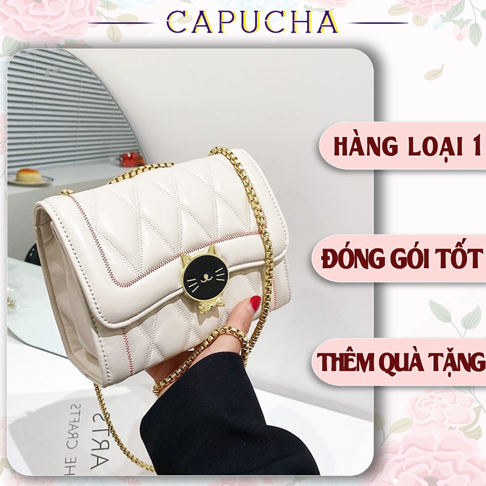 Túi xách nữ khóa mèo 2 màu đen trắng dây xích vàng đeo 2 kiểu cực đẹp Capucha T278