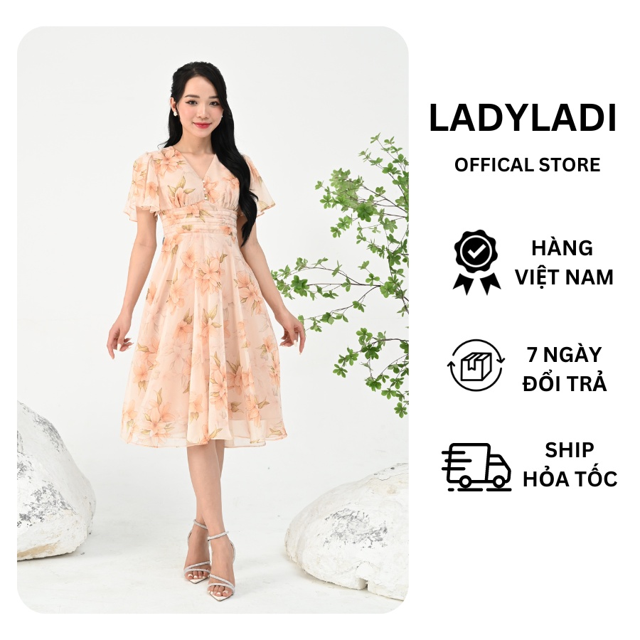 Váy hoa nhí cổ V LADYLADI dáng xòe tay cánh tiên chất tơ mềm mại DA212