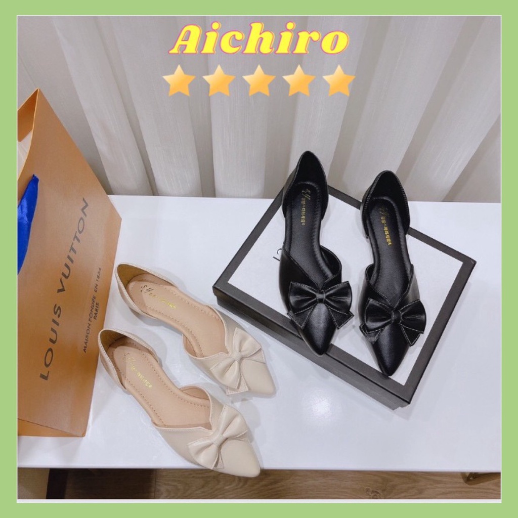 Giày búp bê nữ mũi nhọn thắt nơ xinh xắn, giày bệt Aichiro hở eo 2 màu kem ,đen