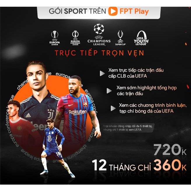 FPT Play - Tài khoản Gói SPORT Xem bóng đá trên FPT Play – 12 tháng gói Sport vòng bảng C1 giải đấu của UEFA