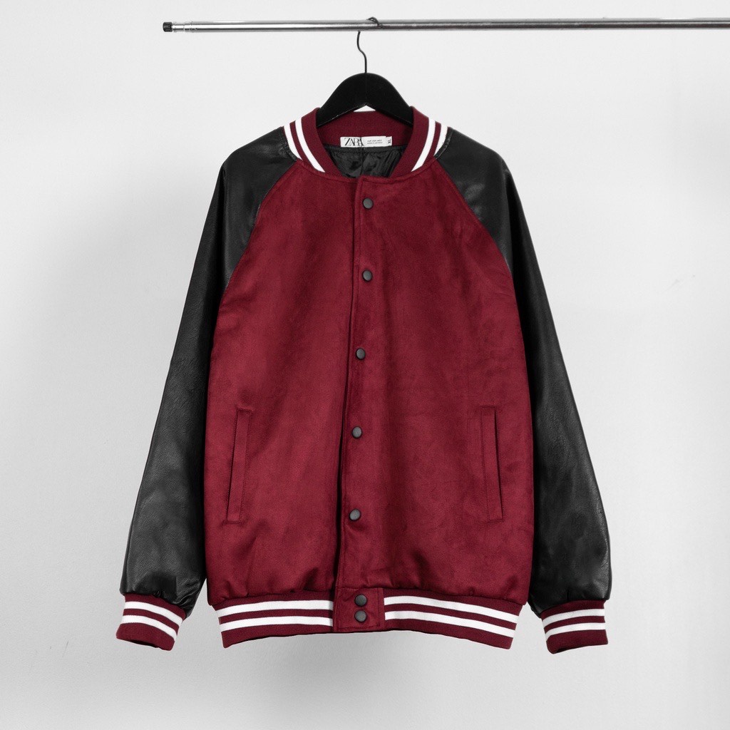 Áo khoác bomber nam da lộn phối tay da