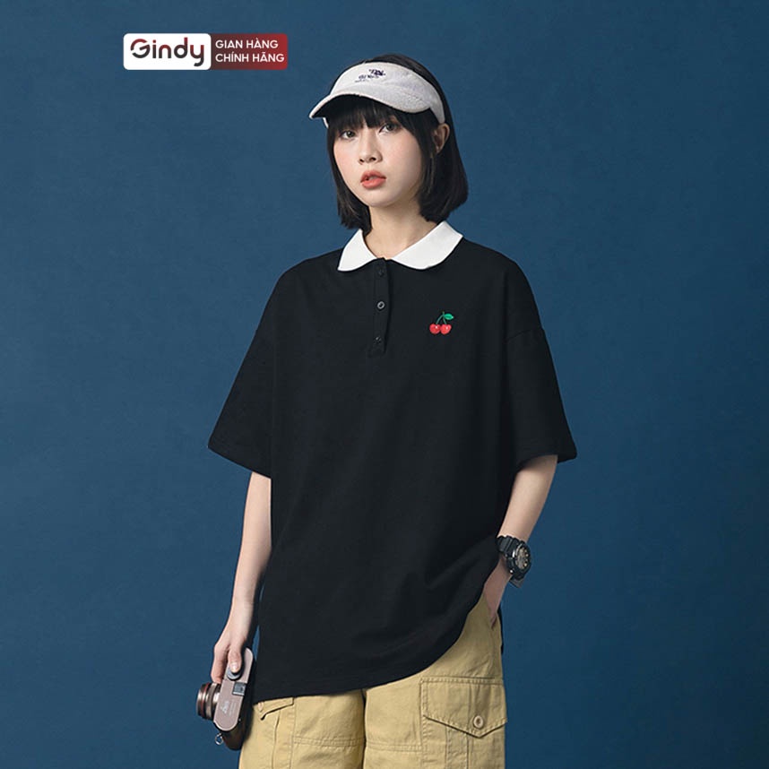 Áo phông thun nam nữ polo GINDY họa tiết hoa trái cây cổ bẻ tay lỡ form rộng unisex basic vải cotton thoáng mát A012