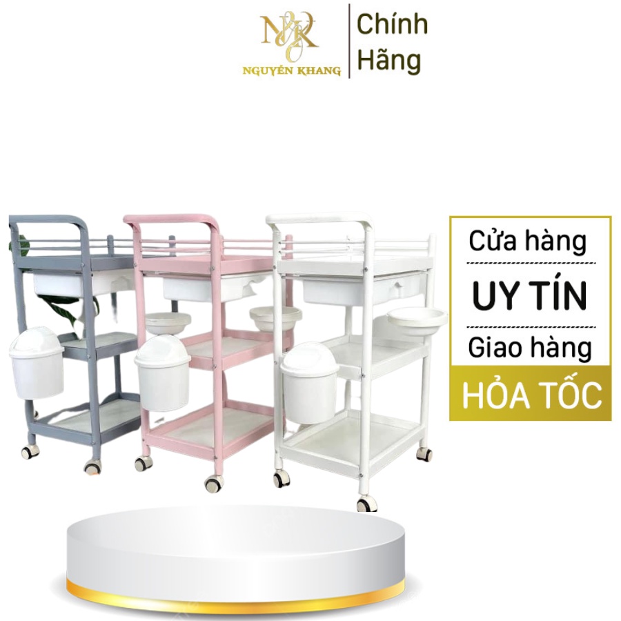 Xe Đẩy 3 Tầng Để Máy Spa, Vật Liệu Mỹ Phẩm, Kệ Đẩy Có Bát Đựng Nước Có Sọt Đựng Giác Tiện Ích Chắc Chắn Chịu Lực 100kg
