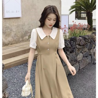 Đầm váy freesize kem cổ trắng thắt eo