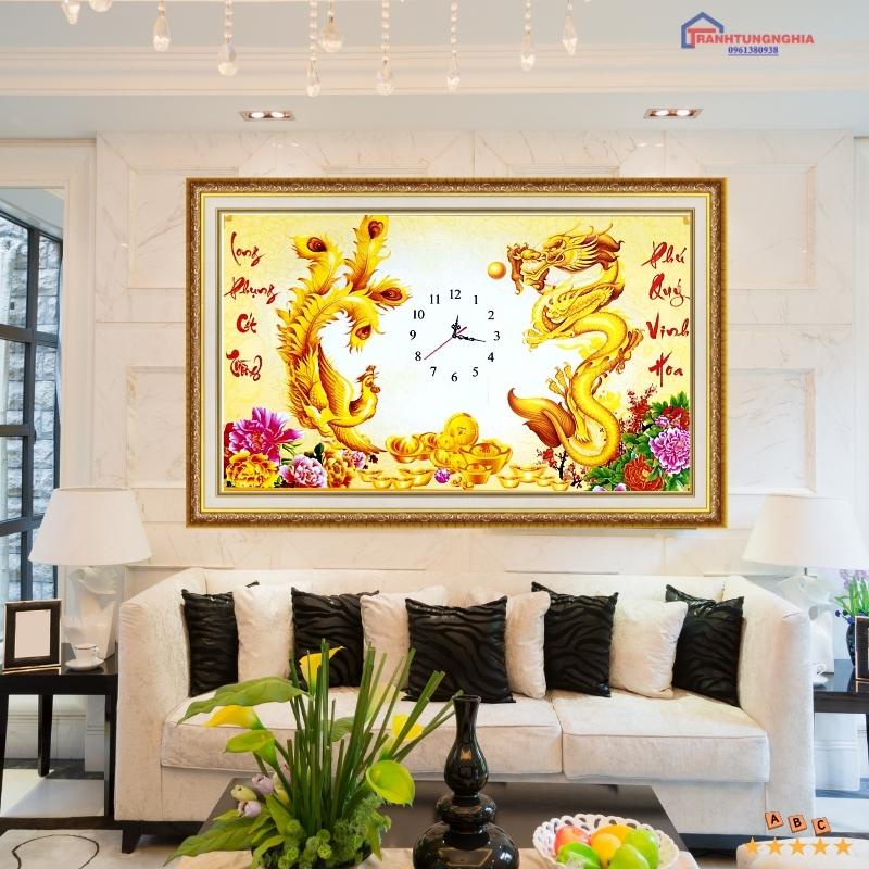 Tranh đính đá đồng hồ long phụng cát tường 1m x 60cm