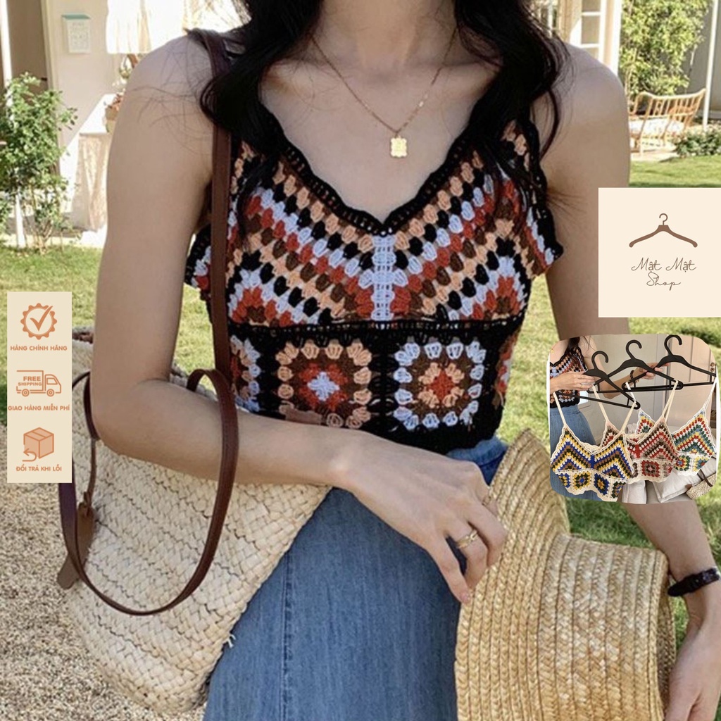 Áo Len Cổ V Hở Lưng Dành cho Mùa Hè, Áo Dệt Kim Lỗ Croptop Họa Tiết Thổ Cẩm Hình Khối Phù Hợp Cho Mùa Hè Hàng Qccc