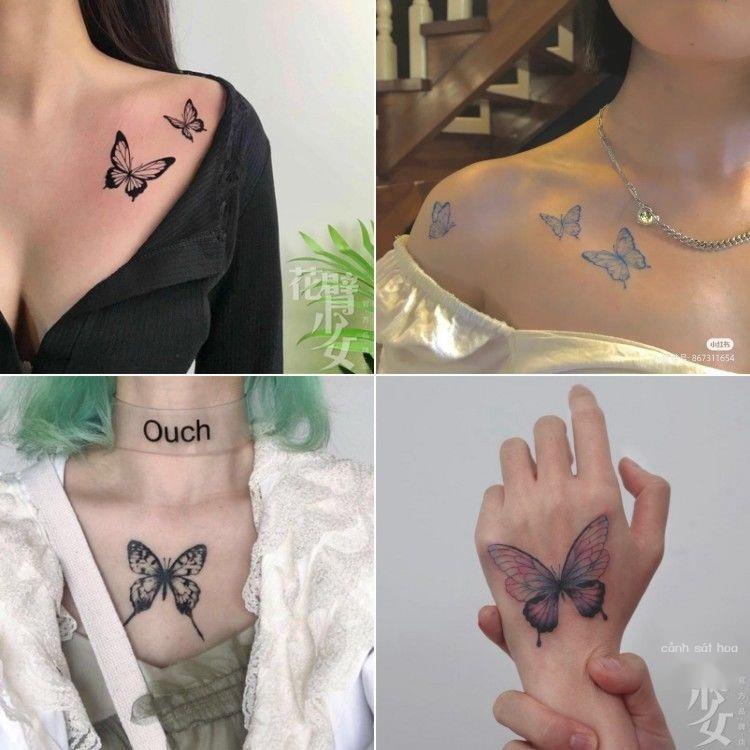 ☾ (Date mới)Bướm xanh dán hình xăm chống thấm nước bền đẹp nữ bán vĩnh viễn hoa cánh tay đùi gợi cảm xương đòn dán hình