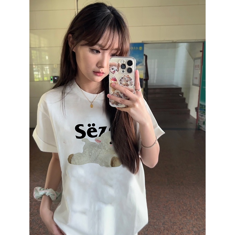 SELVZE Áo Thun Cotton Tay Ngắn Dáng Rộng In Họa Tiết Vintage Thời Trang
