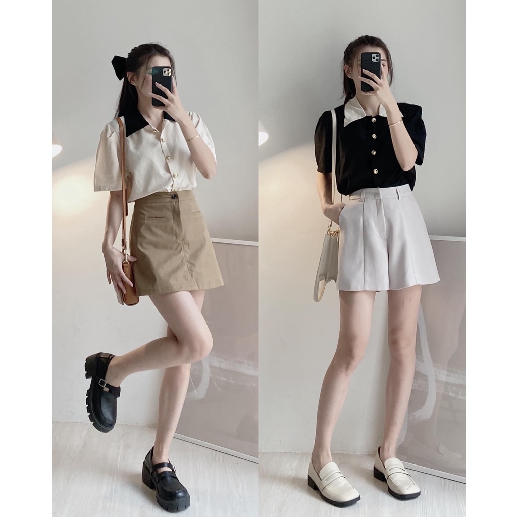 Áo Sơ Mi cúc đồng cổ bẻ cộc tay Áo kiểu nữ tay ngắn chất linen