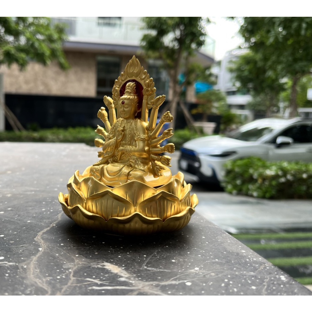 Tượng Phật Bà Quan Âm Nghìn Tay Hai Mặt Trang Trí Taplo Xe Hơi, Bàn Làm Việc Mạ Vàng