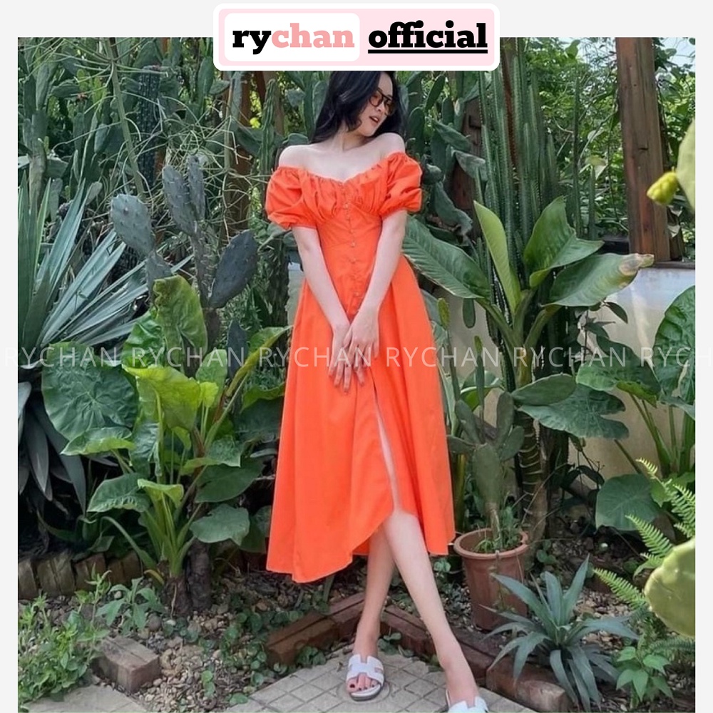 Đầm Nữ Trễ Vai Tay Ngắn Nhúng Ngực Nút Bọc Xẻ Tà Quyến Rũ, Đầm Nữ Đi Tiệc Form Dài Dáng Xòe Sexy Màu Cam - DX376