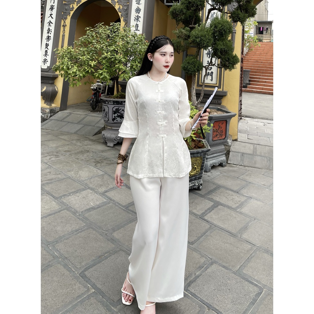 Đồ Lam Đi Chùa Nữ - Bộ áo gấm tay loe  Không Nhăn, Không Bai Giãn, Không Phai Màu