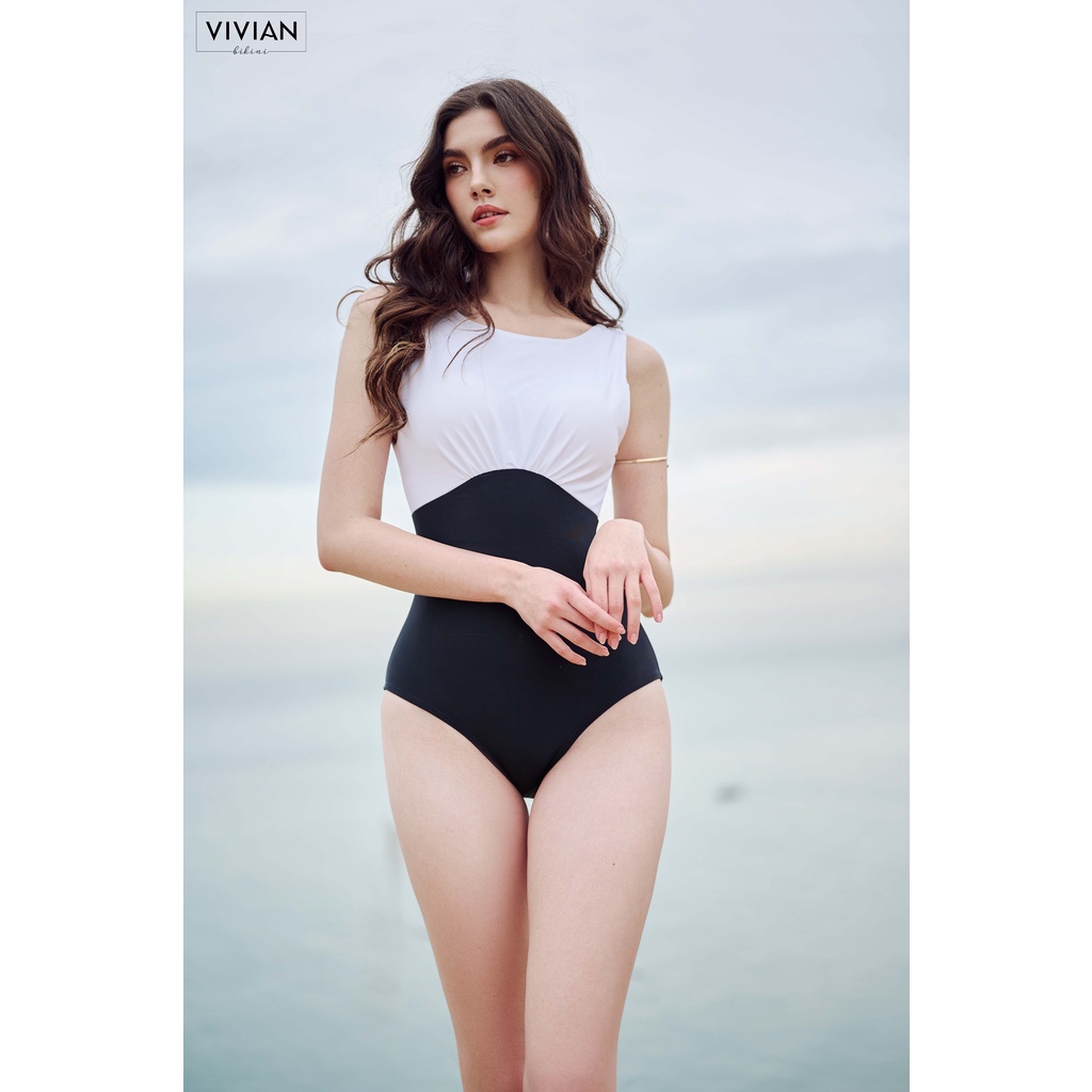 Đồ bơi nữ cao cấp 𝐕𝐈𝐕𝐈𝐀𝐍 dạng một mảnh 3 lỗ, đính nút - Trắng - VS072_WH