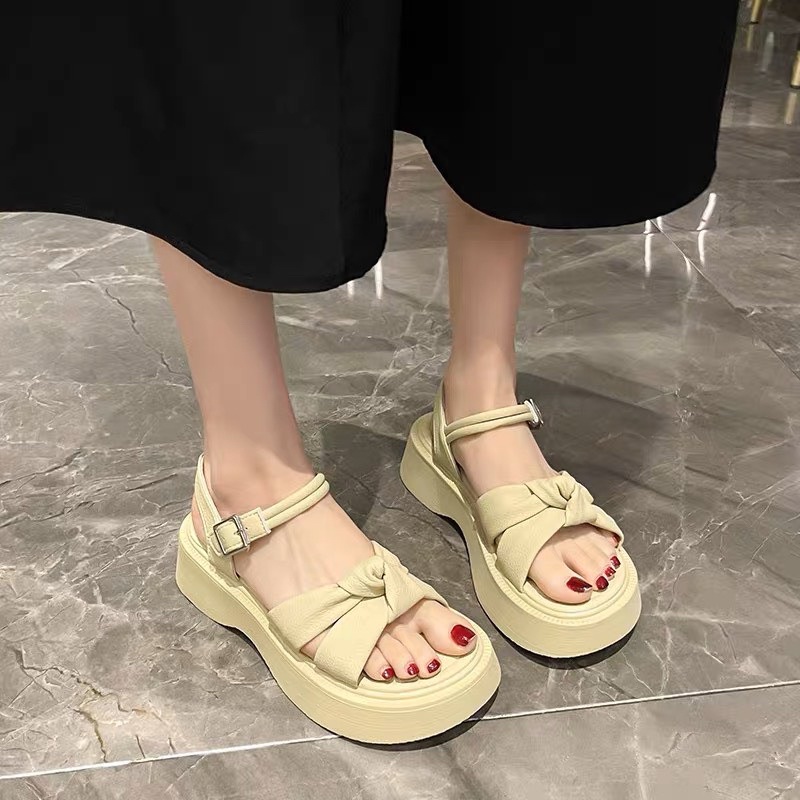 Giày sandal nữ nơ phong cách tiểu thư bánh bèo đế cao 5cm chất liệu da PU cao cấp phù hợp đi học