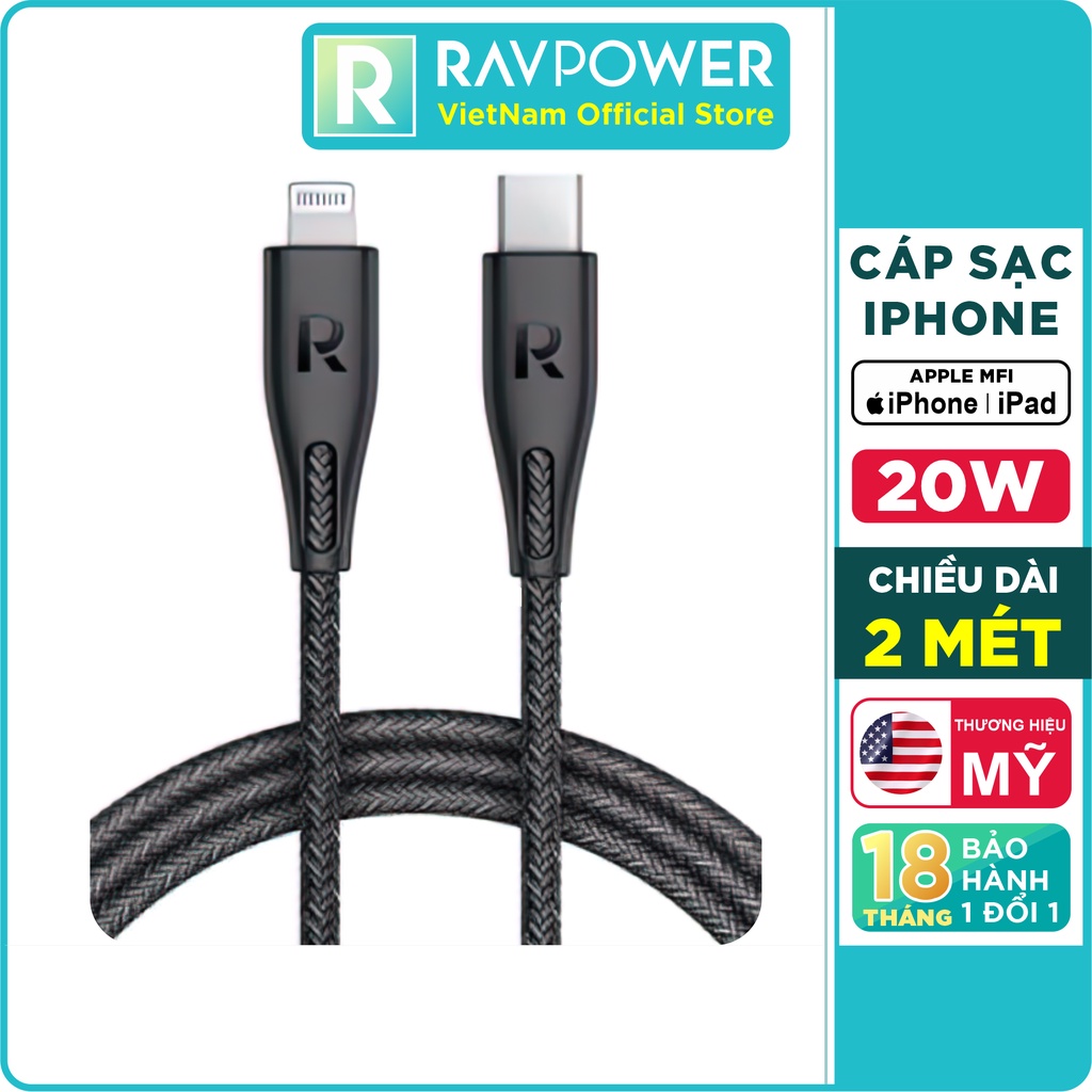 Dây Cáp Sạc Type C To Lightning 20W Chuẩn MFI C94, Dài 2 Mét, Sạc Nhanh iPhone, iPad RAVPower - Hàng Chính Hãng