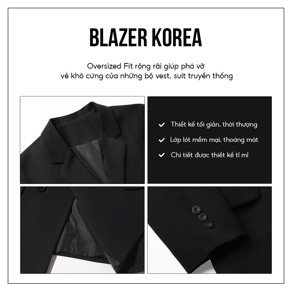 Áo khoác blazer nam form rộng hàn quốc màu đen, kem 2 khuy cài thương hiệu VIZ