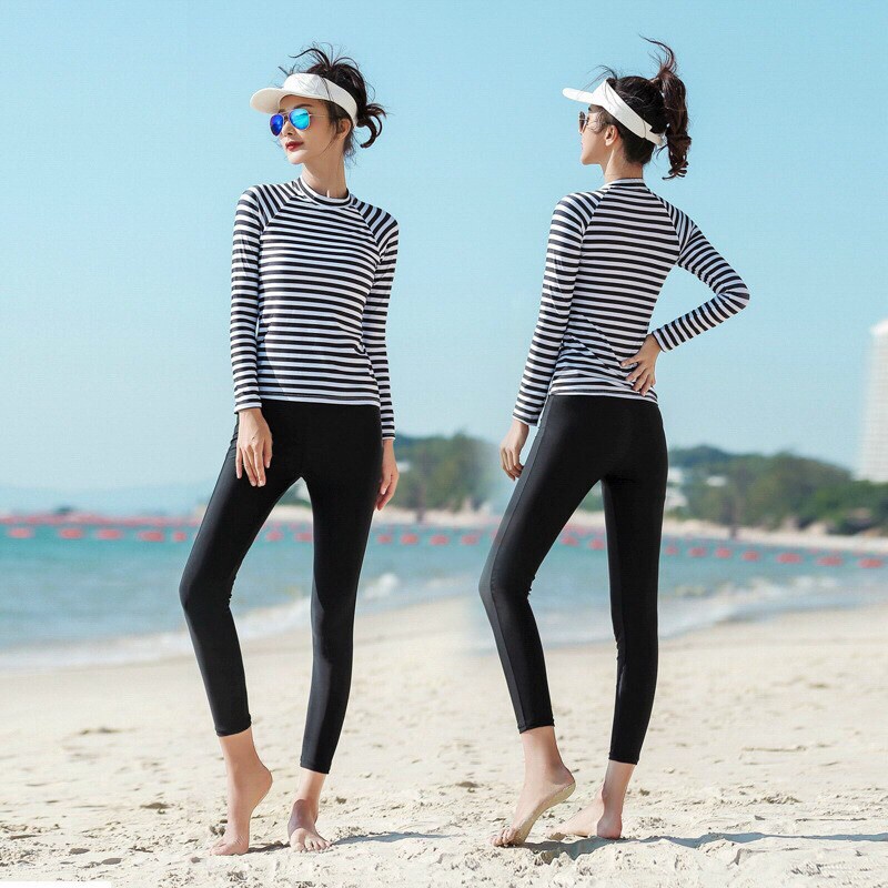 Đồ bơi nữ kín đáo bikini 2 mảnh dài tay quần dài màu đen đi bơi đồ bơi học sinh DBN005