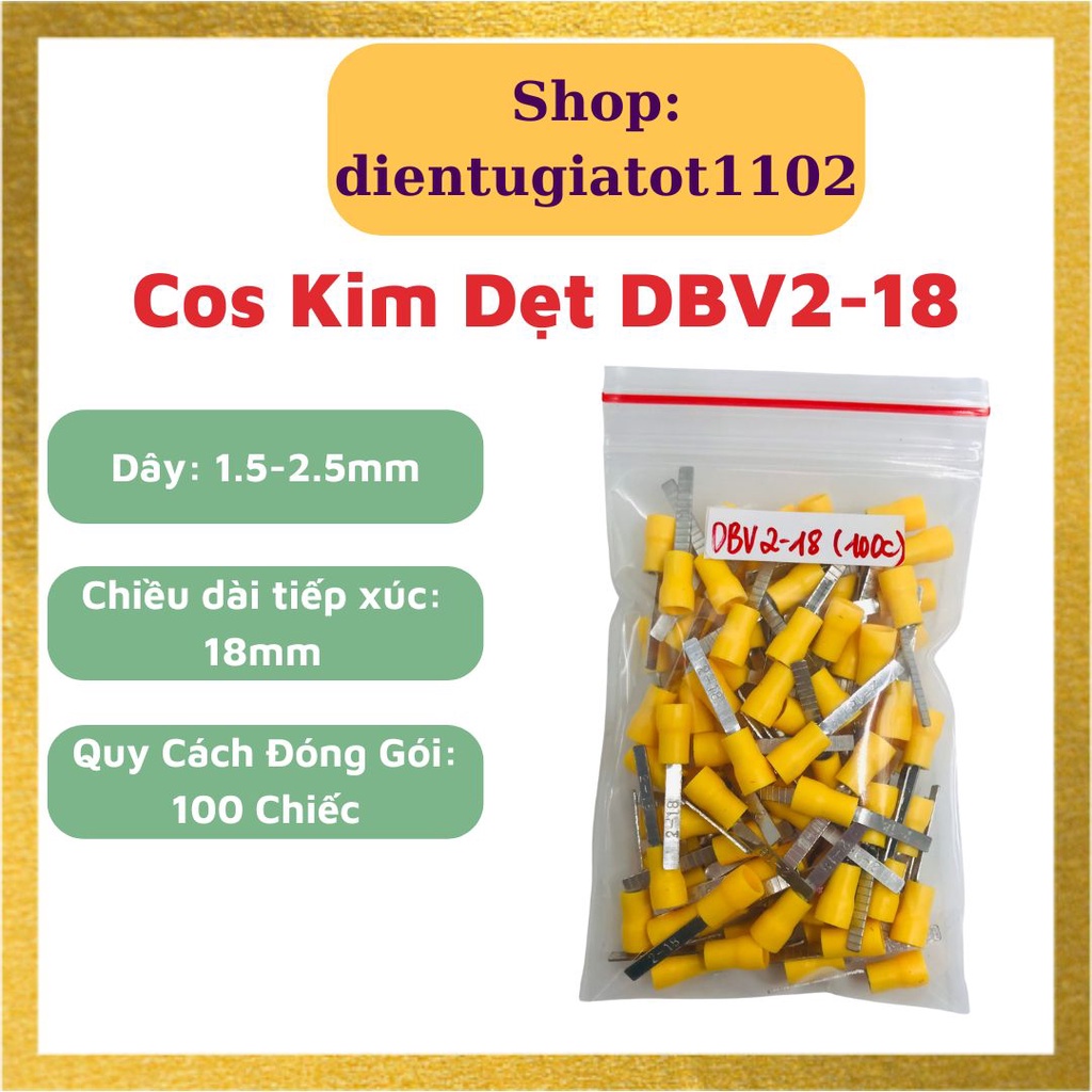 100 đầu cos kim dẹt dbv2-18, đầu cos dây điện, dùng cho dây điện 1.5mm-2.5mm