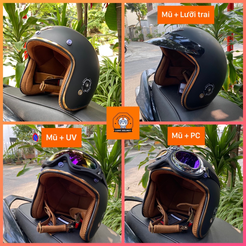 Mũ bảo hiểm 3/4 chính hãng màu đen nhám SH Napoli, nón freesize chất lượng kèm kính phi công, UV