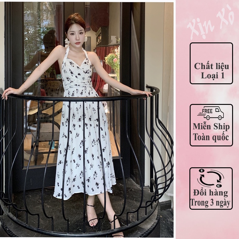 Đầm Maxi In hoa Hở Vai ❤️XINXO❤️Váy Dáng Dài Cổ Yếm Đi Biển Mẫu Mới 2023