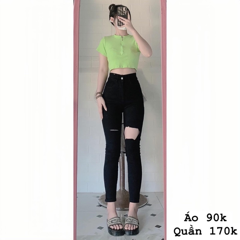 🌟Quần Jeans Dài Lưng Cao Co Giãn Rách Ô