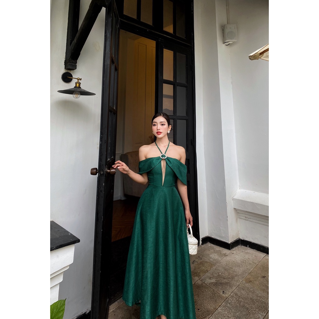 THANH LÝ  - Váy tiệc xanh trễ vai - M