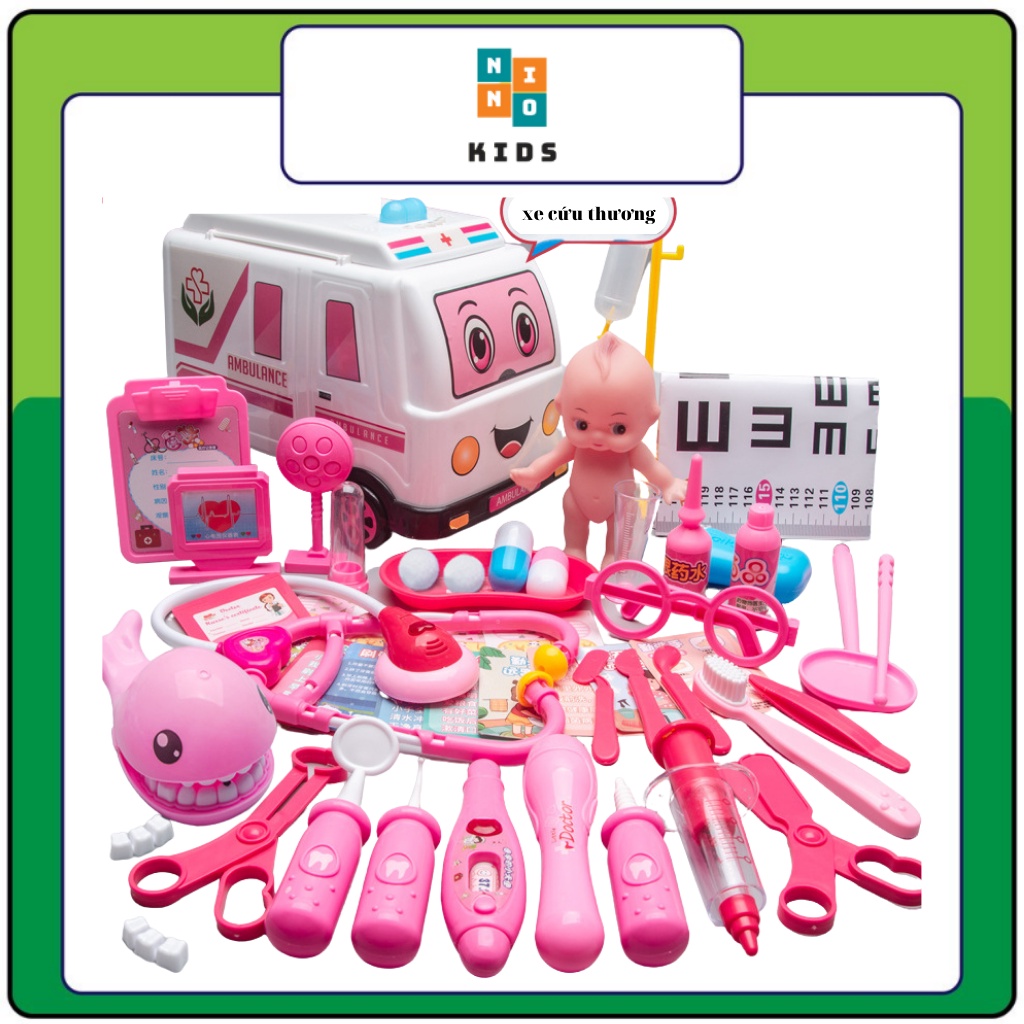 Bộ đồ chơi bác sĩ, xe ô tô cứu thương, dụng cụ y tế cho bé trai gái 2 3 4 5 tuổi có búp bê có đèn và nhạc 45 50 chi tiết