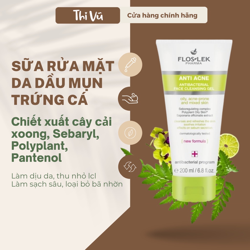 Sữa Rửa Mặt Floslek sữa rửa mặt cho da dầu mụn nhờn, Floslek Anti Acne Bacterial Face Cleansing Gel - Thi Vũ