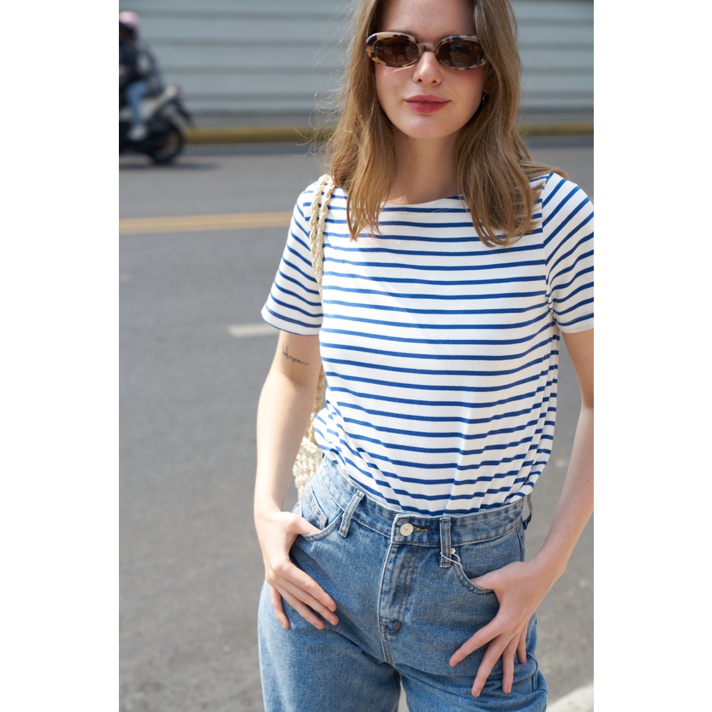 TheBlueTshirt - Áo Thun Tay Ngắn Hoạ Tiết Sọc Trắng Xanh - Number 6 Short Sleeve - Signature Blue Stripe