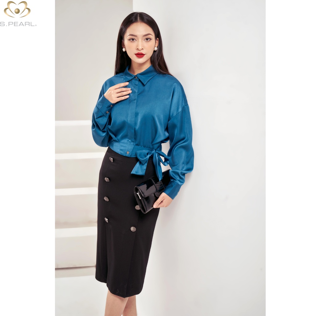 Áo sơ mi nữ Spearl thiết kế chất liệu lụa cao cấp thắt nơ eo sang trọng 22SF6816172