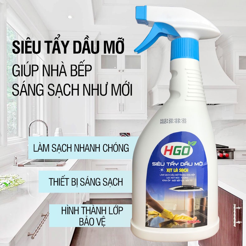 Tẩy dầu mỡ HGO dùng tẩy lưới lọc máy hút mùi, mặt bếp, tường gạch ốp, chậu rửa bát tiện lợi, hiệu quả 500ml
