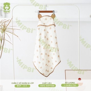 Chăn choàng ủ xô muslin mipbi 4 lớp có mũ thoáng mát mềm mịn cho bé sơ sinh
