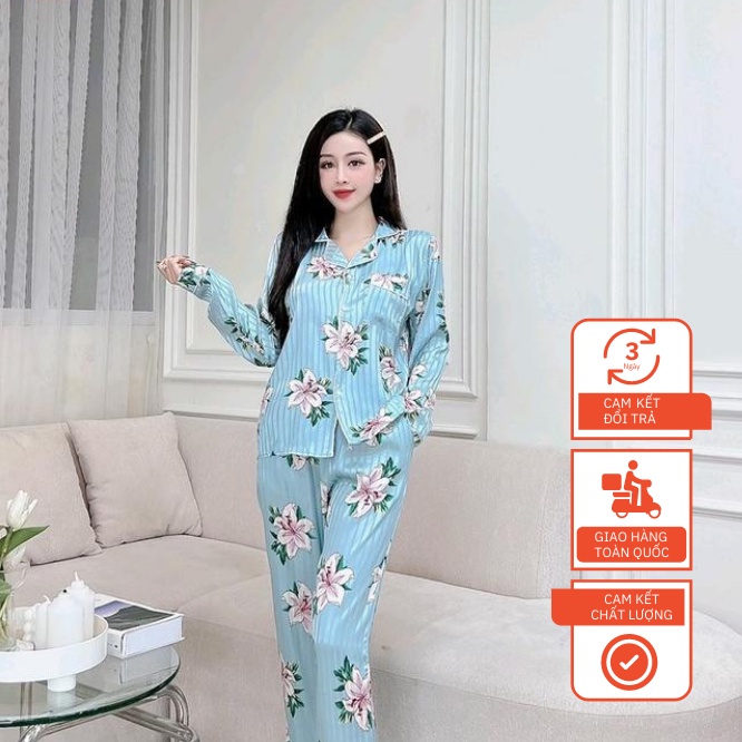 Bộ Ngủ Pyjama In Hoa Xanh Dáng Dài Có Túi - Chất Lụa Gấm