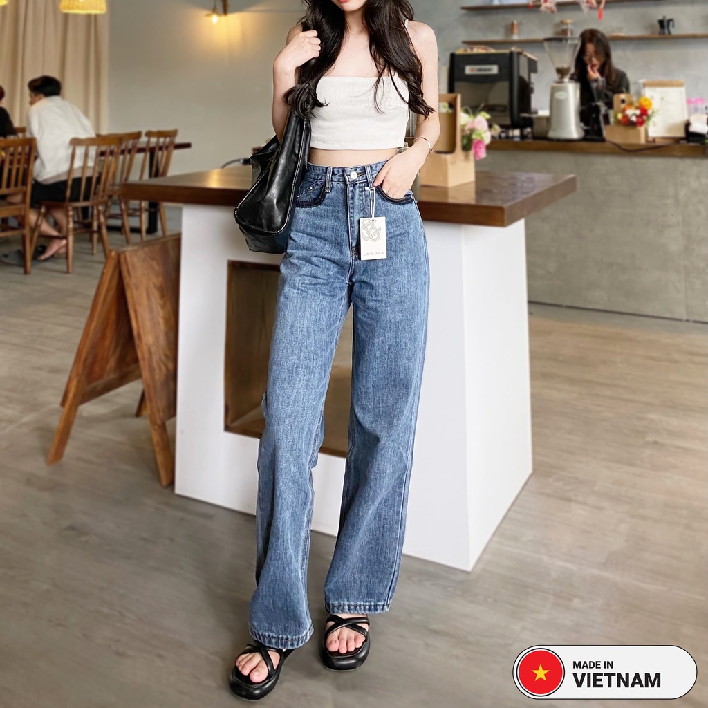 Quần jean ống suông, Quần bò nữ ống suông lưng cao phối viền túi RA07, REDRIBBON ARMY