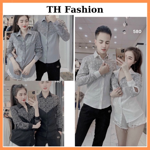 áo sơ mi đũi tay dài nam nữ in chữ LV hình tam giác