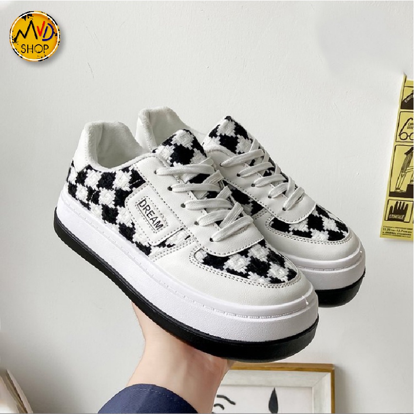 Giày Ulzzang đan len kẻ Caro / giày độn đế tăng chiều cao cá tính