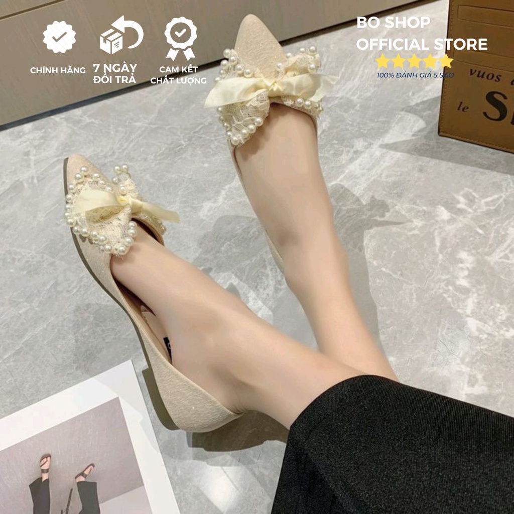 Giày bệt búp bê nữ 1 cm mũi nhọn gót vuông bề mặt kim tuyến lấp lánh đế chống trơn trượt BO SHOP