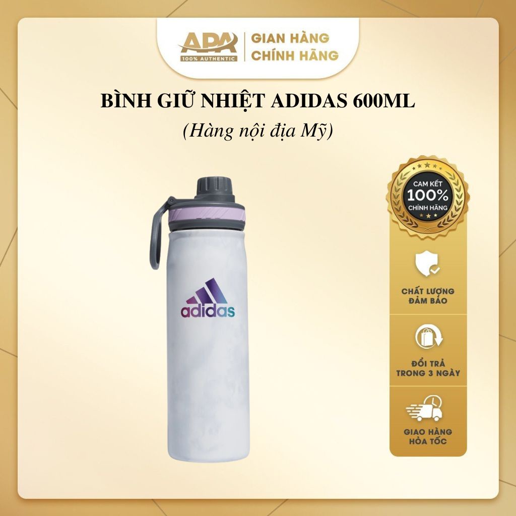 Bình giữ nhiệt Adidas, bình giữ nhiệt Adidas Mỹ màu trắng nắp viền hồng 600ml