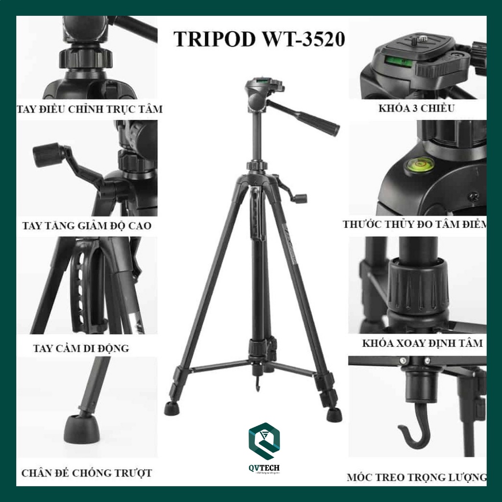 Tripod Điện Thoại Chân Máy Ảnh, Quay Phim Weifeng WT 3520 Khung Nhôm Cao Cấp, Chính Hãng Đầy Đủ Phụ Kiện Đi Kèm