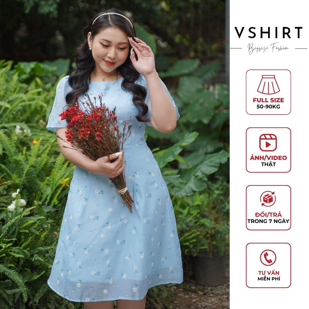 Váy Hoa Cúc Xanh Cổ Tròn VSHIRT Chất Liệu Voan Hàn Có Lót Mềm Mại Thanh Lịch