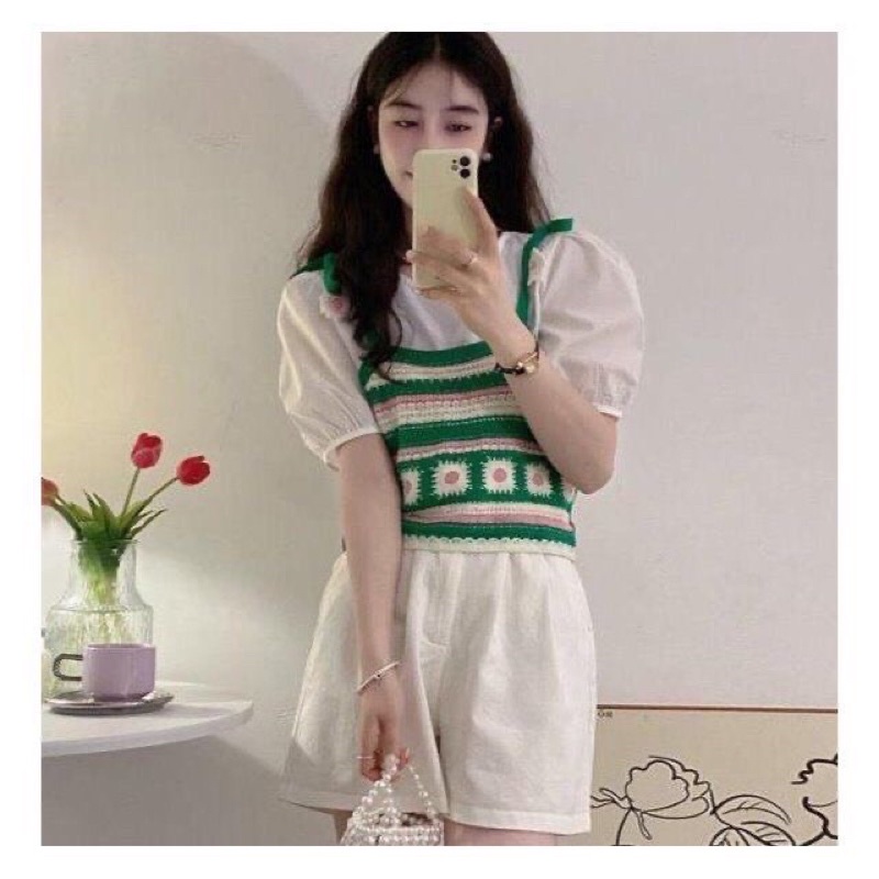 Áo móc len 2 dây siêu xinh phối dây cột có hoa cho nữ