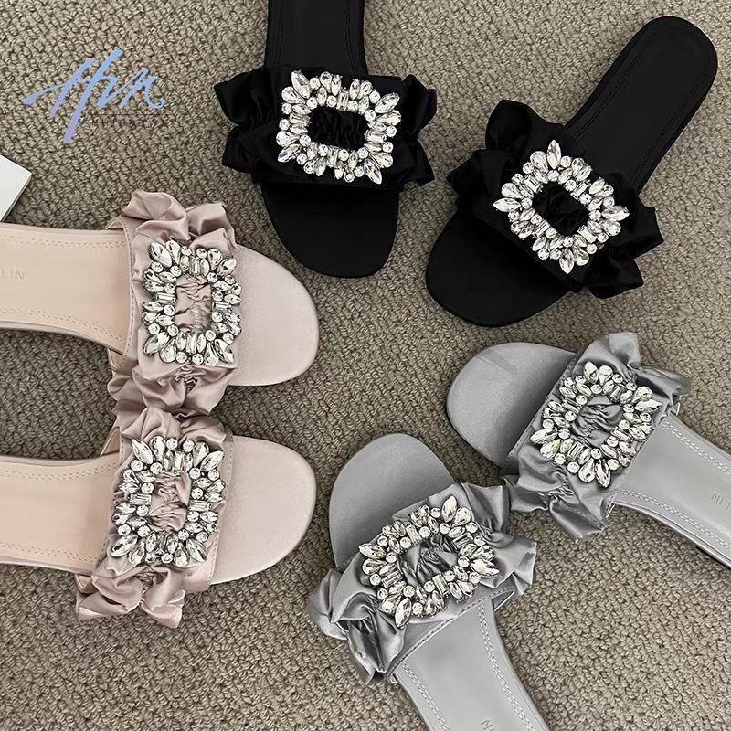 Dép Quai Ngang Vải Satin Cao Cấp Đính Đá Sang Trọng Thời Trang Mùa Hè 2022