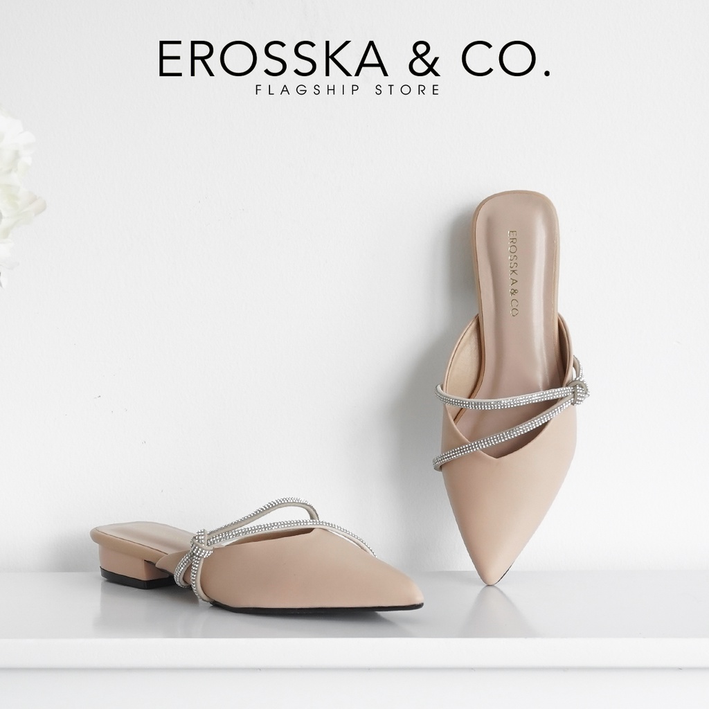 [Form nhỏ tăng 1 size] Erosska - Giày sục nữ mũi vuông phối dây đính đá sang trọng cao 3cm màu nude - EL029
