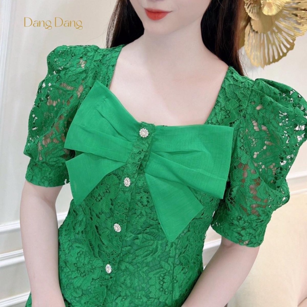 Bộ đồ ren DANG DANG áo cộc tay nơ + chân váy xếp ly cao cấp