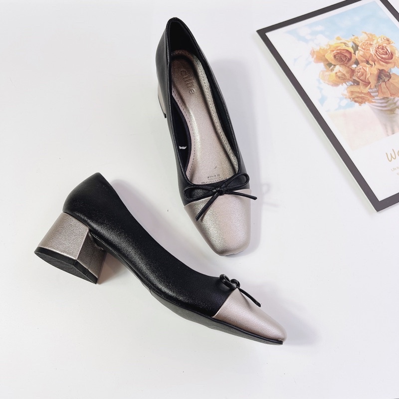 Giày phối màu nơ nhí gót vuông 4cm - 1078