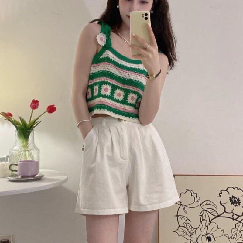 Áo móc len 2 dây siêu xinh phối dây cột có hoa cho nữ